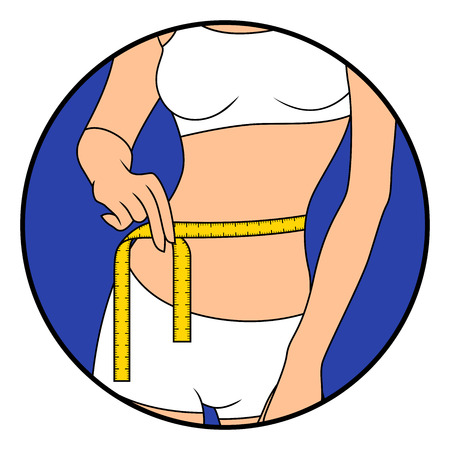 Girl measuring the size of her waist with tape measure, hand drawing vector illustration in circle isolated over whiteのイラスト素材