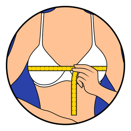 Beautiful woman measuring the size of her chest with tape measure, hand drawing vector illustration in circle isolated over whiteのイラスト素材