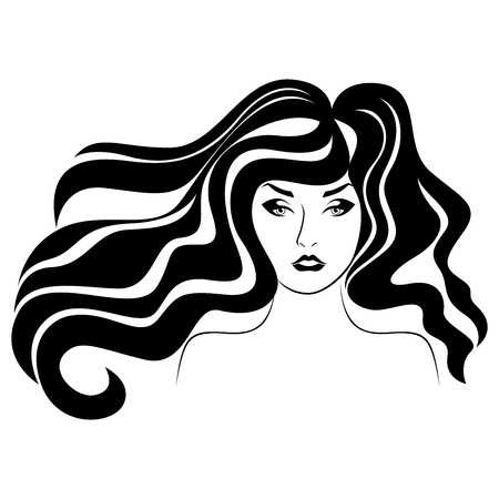Ð¡harming woman with luxurious wavy hair in flow and distinctive eyes, hand drawing vector for cosmetic products designのイラスト素材