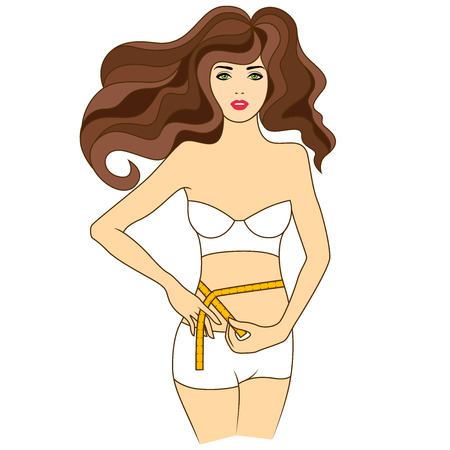 Slim charming woman measuring her waist with tape measure, colored vector illustration isolated on the white backgroundのイラスト素材