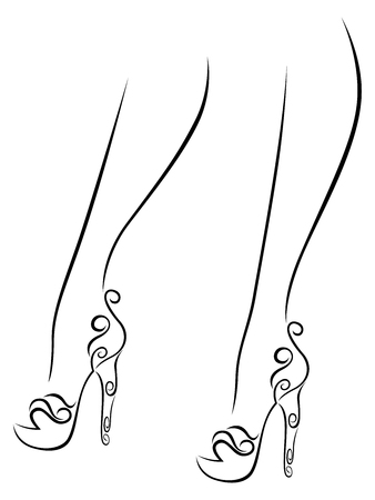 Graceful female feet in stylized abstract shoes with high heels, black over white vector artworkのイラスト素材