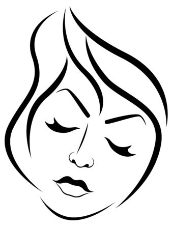 Beautiful and attractive woman with closed eyes and sensual face, black vector hand drawing on the white backgroundのイラスト素材