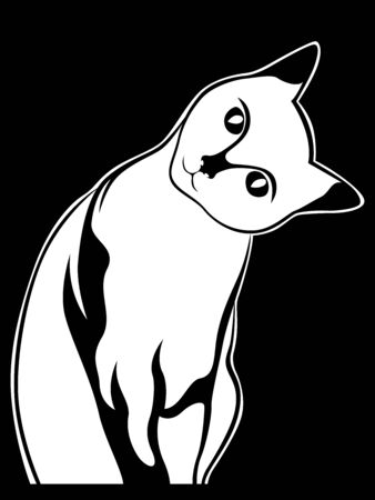 Stencil of cute kitten, tilting its head to the side, black vector hand drawing on white backgroundのイラスト素材