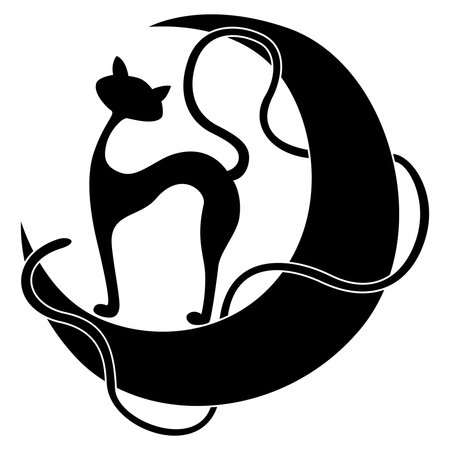 Silhouette of pussy and its tail interweave the moon, black vector hand drawing on whiteのイラスト素材