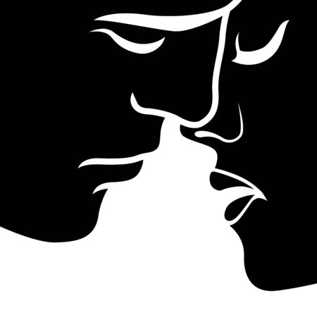 Abstract romantic moment before kiss between man and woman, isolated on white background , hand drawing vector outlineのイラスト素材