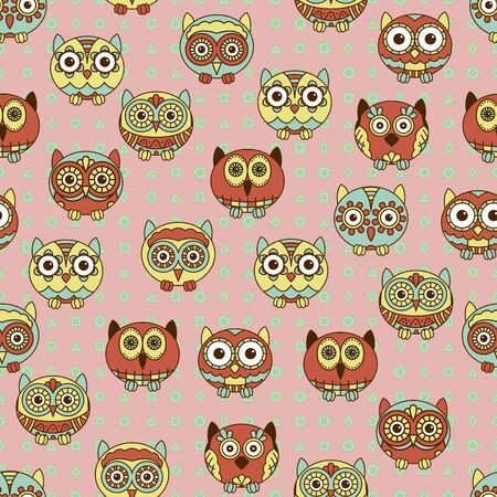 Seamless with funny cartoon various owls for baby decoration in muted hues on the pattern backgroundのイラスト素材