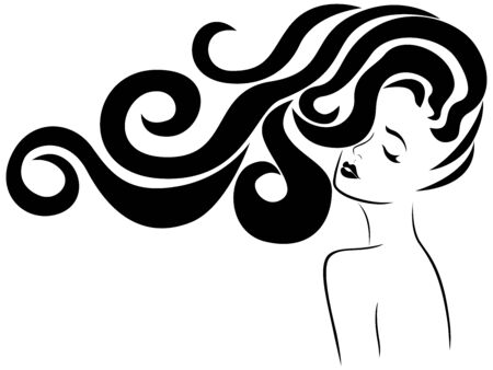 Beautiful and elegant woman with long luxury hair in flow, black vector isolated on the white background, side view, hand drawingのイラスト素材