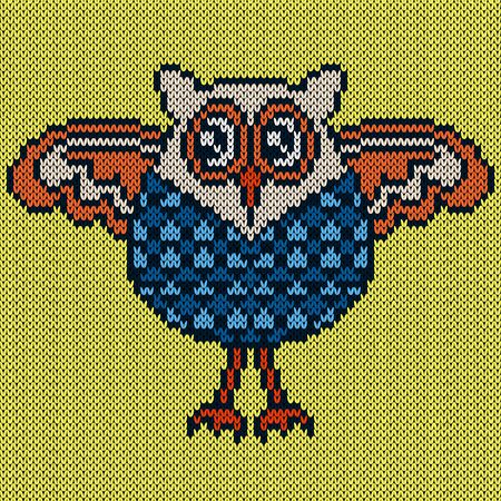 Knitting of cartoon owl with wings raised and big eyes in blue, orange and beige colors on the yellow background, illustration for textile productionのイラスト素材
