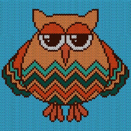 Knitting of cartoon funny and sad owl with big eyes in turquoise and orange hues on the pale blue background, illustration for textile productionのイラスト素材