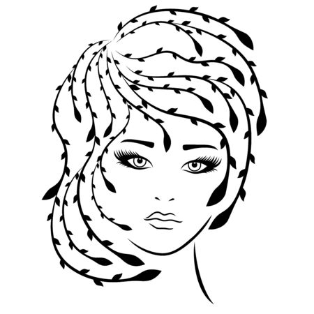Stylized fashion woman with floral hair and expressive eyes, isolated on the white background, hand drawing vector for cosmetic products designのイラスト素材
