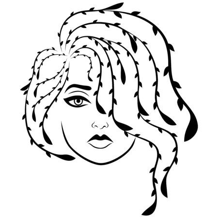 Charming and attractive woman with wavy floral hair covering one eye, isolated on the white background, black vector hand drawing on the white backgroundのイラスト素材