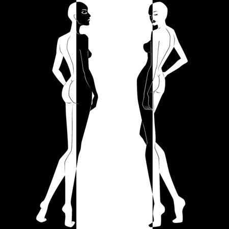 Abstract of two elegant woman split in negative and positive space, black and white conceptual expression, hand drawing illustrationのイラスト素材