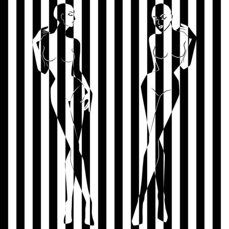 Two elegant women in illustration divided into wide black and white stripes, pseudo 3D visual effect, negative and positive conceptual expressionのイラスト素材