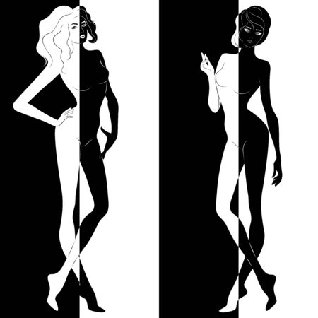 Abstract of two attractive women split in negative and positive space, black and white conceptual expression, hand drawing illustrationのイラスト素材
