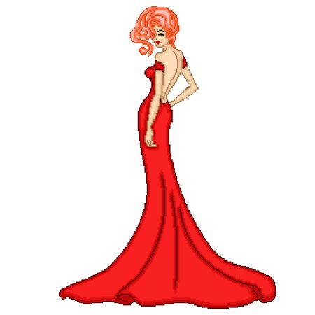 Abstract of charming and sensual lady in red long dress with closed eyes isolated on the white background, color pixelated illustration, can be used in embroideryのイラスト素材