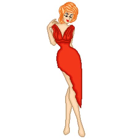 Abstract of smiling and sensual lady in red long dress with closed eyes isolated on the white background, color pixelated illustration, can be used in embroideryのイラスト素材