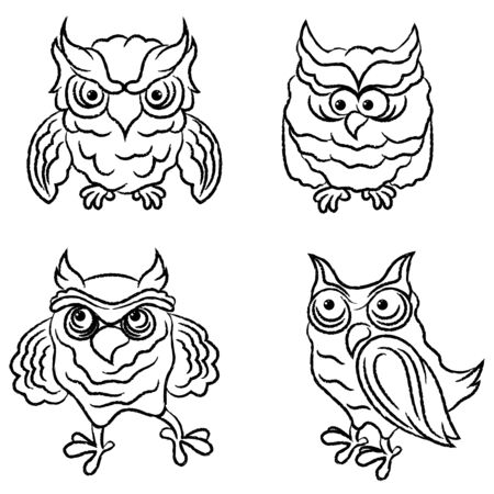 Set of four funny and amusing owls outlines isolated on the white background, hand drawing illustrationのイラスト素材