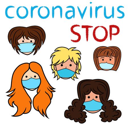 Stop coronavirus, women in protective medical mask on white background, concept of people protection against new pandemic threats such as viruses, coronaviruses and other infections that are dangerous to humanity, vector illustrationのイラスト素材