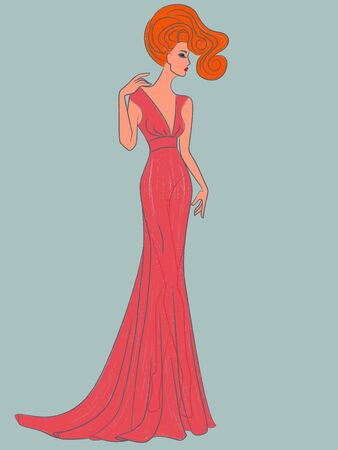 Abstract graceful woman in transparent evening dress pink isolated on pale blue backgroundのイラスト素材