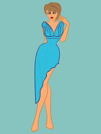 Abstract modern and fashionable woman in transparent style dress in blue color isolated on muted backgroundのイラスト素材