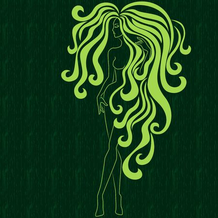Abstract elegant and mysterious lady with long wavy hair partially covering her body, background in green hues can be used as a separate seamless textureのイラスト素材