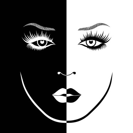 Abstract attractive woman's face with closed eyes split in negative and positive space, black and white conceptual expression, hand drawing illustrationのイラスト素材