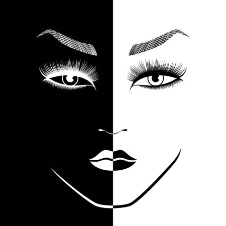Abstract beautiful woman's face split in negative and positive space, black and white conceptual expression, hand drawing illustrationのイラスト素材