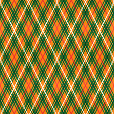 Seamless rhombic vector pattern as a tartan plaid in orange and green colors with white and red linesのイラスト素材