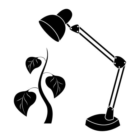Black stencil of table lamp warms and illuminates a plant, ecological concept, isolated on white background.のイラスト素材