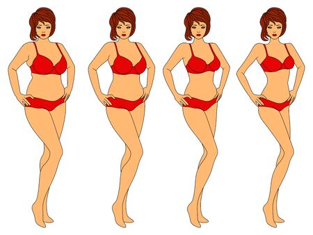 Four stages of charming woman on the way to lose weight in red swimwear, illustration isolated on white backgroundのイラスト素材