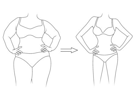 Black contour of lady on the way to lose weight in underwear, isolated on white backgroundのイラスト素材