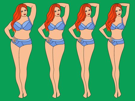 Beautiful woman on the way to lose weight in blue underwear, illustration isolated on green backgroundのイラスト素材