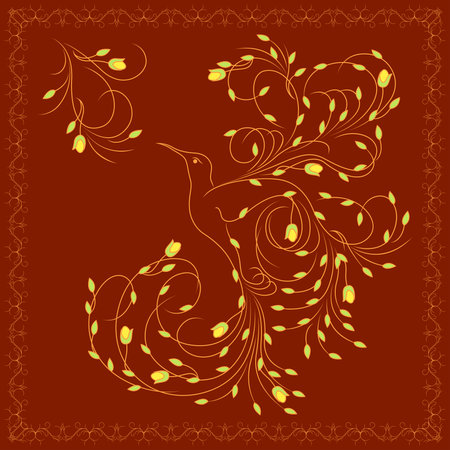 bird, illustration, animal, flying, fly, wing, tail, wavy, lines, orange, color, yellow, background, framed, frame, floral, abstract, decoration, postcard, cover, beauty, luxury, decor, silhouette, flight, nature, leaf, foliage, flower, spring, summer, feather, leafage, drawing, art, product, fashioned, color, plant, swirl, pattern, Victorian, style, idea, creative, freedom, vintage, garnish, embellishment, vector, long のイラスト素材