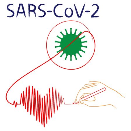 Human hand crosses the structure of coronavirus and draws cardiogram in the form of heart, symbolizing life, in continuous red line, isolated on the white backgroundのイラスト素材