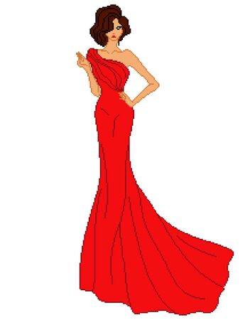 Abstract of charming and beautiful lady in red long dress isolated on the white background, color pixelated illustration, can be used in embroideryのイラスト素材