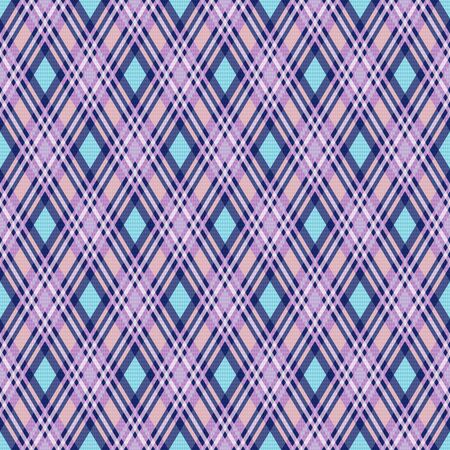 Rhombic seamless vector pattern as a tartan plaid mainly in pale violet, blue and beige hues with transparency effectのイラスト素材