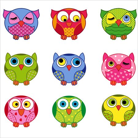 Set of nine cartoon funny and cute various oval owls isolated on the white background, vector outlines as iconsのイラスト素材