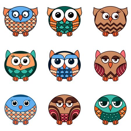 Set of nine cartoon cute and funny various oval owls isolated on the white background, vector outlines as iconsのイラスト素材