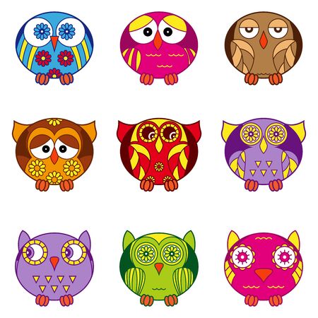 Set of nine funny cartoon owls placed in oval forms with various pattern isolated on the white background, illustration as iconsのイラスト素材