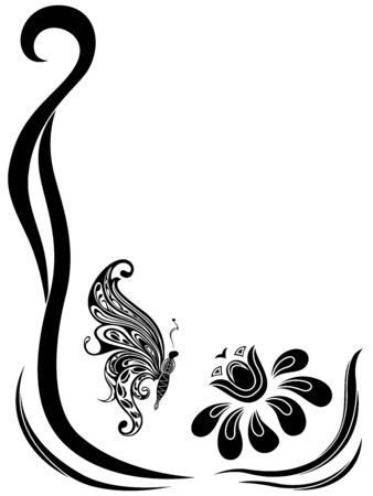 Black silhouette plant frame with butterfly and flower isolated on white background with place for your textのイラスト素材