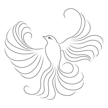 Black outline of flying adorable bird isolated on the white backgroundのイラスト素材
