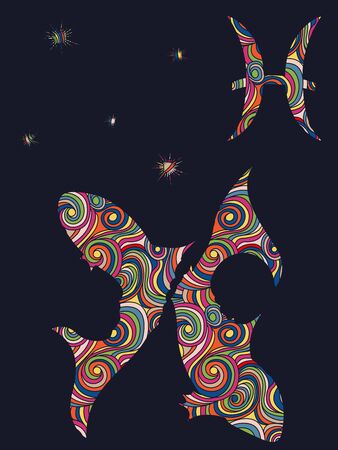 Zodiac sign Pisces fill with colorful muted wavy shapes on the dark gray background with stars and astrological symbols, vector illustrationのイラスト素材