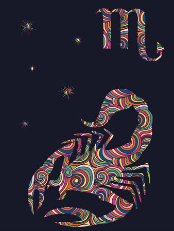 Zodiac sign Scorpio fill with colorful muted wavy shapes on the dark gray background with stars and astrological symbols, vector illustrationのイラスト素材