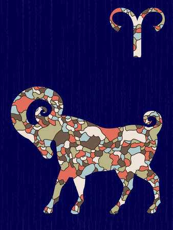 Zodiac sign Aries fill with colorful muted mosaic shapes on the dark blue background with astrological symbols, vector illustrationのイラスト素材