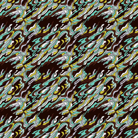 Seamless abstract pattern with chaotic colorful wavy shapes in muted color on the pale light background, hand drawing vectorのイラスト素材