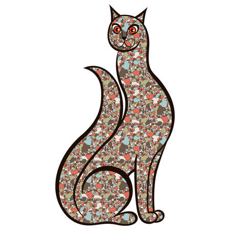 Graceful cartoon kitty whose body is made of colorful muted mosaic shapes isolated on the white background, vector illustrationのイラスト素材