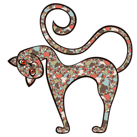 Amusing and playful cat with head tilted with body is made of colorful muted mosaic shapes isolated on the white background, vector illustrationのイラスト素材