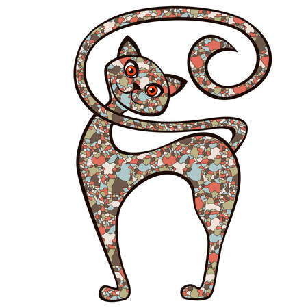 Interesting and amusing cat with head tilted to the side with body composed of colorful muted mosaic shapes isolated on white background, vector illustrationのイラスト素材