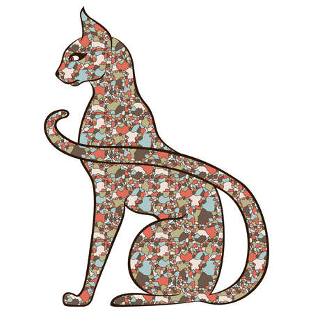 Graceful kitty whose body is made of colorful muted mosaic shapes isolated on the white background, vector illustrationのイラスト素材