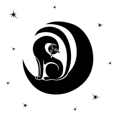 Graceful and playful cat with head tilted to the side on the moon, isolated black vector hand drawing on whiteのイラスト素材